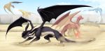  2018 black_hair claws day detailed_background digital_media_(artwork) dragon female feral fire flying grass green_eyes group hair male membranous_wings open_mouth outside red_eyes scalie sky standing teeth tongue western_dragon wings wrappedvi 