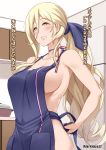  adjusting_clothes alternate_costume alternate_hairstyle apron blonde_hair blue_apron blush breasts collarbone commentary darkmaya hair_between_eyes kantai_collection kitchen large_breasts long_hair long_ponytail looking_at_viewer mole mole_under_eye mole_under_mouth naked_apron ponytail richelieu_(kantai_collection) sideboob solo standing translated yellow_eyes 