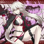  ass_visible_through_thighs bangs belt belt_buckle bikini black_belt black_bikini black_choker black_gloves black_jacket breasts brown_eyes buckle choker cleavage collarbone commentary_request eyebrows_visible_through_hair fate/grand_order fate_(series) gloves grin hair_between_eyes hand_on_own_knee hebitsukai-san highres jacket jeanne_d'arc_(alter_swimsuit_berserker) jeanne_d'arc_(fate)_(all) leg_belt long_hair long_sleeves medium_breasts navel o-ring o-ring_bikini o-ring_bottom o-ring_top shrug_(clothing) silver_hair sitting smile solo swimsuit v-shaped_eyebrows very_long_hair 