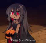  cape commentary_request cowboy_shot dark dress english gloves grey_hair hair_ornament holding jewelry kisaragi_kaya long_hair necklace open_mouth original outdoors pumpkin pun red_eyes solo standing subtitled thighhighs x_hair_ornament yste zettai_ryouiki 