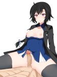  1girl abs ahoge bai_winchester black_hair black_legwear blush braid breasts breasts_apart breasts_outside censored_revision closers clothed_female_nude_male cum cum_on_body cum_on_clothes cum_on_lower_body erection eyebrows_visible_through_hair fiz_(user_vnav5222) hetero highres long_hair md5_mismatch medium_breasts nipples no_pants nude parted_lips penis pink_eyes purple_eyes simple_background sitting sitting_on_person spread_legs sweat thighhighs uncensored white_background 