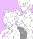  1girl 4480yosiharu bad_id bad_pixiv_id buttons casual chair commentary_request final_fantasy final_fantasy_ix hair_ornament hairclip kuja long_hair lowres medium_hair mikoto_(ff9) monochrome siblings 
