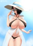  ass_visible_through_thighs bikini black_bikini black_hair blue_eyes breasts collarbone commentary criss-cross_halter english_commentary hair_over_one_eye halterneck hat huge_breasts looking_at_viewer navel o-ring o-ring_top original ribbon saya_(twrlare) short_hair skindentation smile solo sun_hat sunglasses swimsuit thigh_gap twitter_username twrlare white_hat white_ribbon 