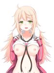 :d ahoge black_gloves blonde_hair breasts closers coat collarbone eyebrows_visible_through_hair fingerless_gloves fiz_(user_vnav5222) gloves green_eyes groin highres large_breasts long_hair navel nipples open_clothes open_coat open_mouth pink_coat shirt_lift simple_background sleeves_past_wrists smile solo soma_(closers) white_background 