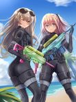  alternate_costume ass bangs beach blue_eyes blue_sky brown_hair closed_mouth day diving_suit eyebrows_visible_through_hair girls_frontline hair_between_eyes hair_ornament holding holding_water_gun long_hair looking_at_viewer multicolored_hair multiple_girls ocean one_eye_closed one_side_up outdoors pink_hair sand scar scar_across_eye side_ponytail sidelocks sky st_ar-15_(girls_frontline) streaked_hair trigger_discipline ump45_(girls_frontline) water_gun wetsuit yellow_eyes yuemanhuaikong 
