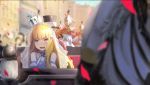  3boys azur_lane bare_shoulders bird blonde_hair blurry blurry_foreground blush building carriage chick commentary_request crown day depth_of_field detached_sleeves fang hat helmet horse long_hair mini_crown mosso1120 multiple_boys open_mouth outdoors petals purple_eyes queen_elizabeth_(azur_lane) sitting solo_focus tilted_headwear top_hat uniform v-shaped_eyebrows veil 