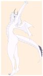  2017 anthro biped crown digital_media_(artwork) dragon eyes_closed facial_markings hair long_hair male markings nude scalie simple_background smile solo stretching tasla_venhyle wasabitea white_hair wings wyvern 