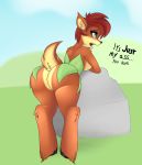  anthro big_butt blush booponies breasts butt cervine clothing dress elora female half_naked leaning mammal raised_tail side_boob solo standing text 