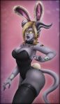  2019 big_breasts blizzard_entertainment breasts bunny_costume cleavage clothed clothing costume draenei glowing glowing_eyes horn humanoid impracticalart legwear lightforged_draenei mammal not_furry open_mouth thigh_highs video_games warcraft yellow_eyes 
