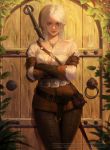  ciri cowboy_shot crossed_arms door gloves green_eyes highres jewelry leather leather_belt leather_gloves leather_pants looking_at_viewer necklace outdoors pale_skin pants pouch sheath sheathed shirt skin_tight smile standing sword thaumazo the_witcher thigh_gap weapon white_hair 