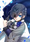  black_gloves blue_eyes blue_flower blue_rose bow ciel_phantomhive earrings eyebrows_visible_through_hair eyepatch flower formal gloves grey_hair grey_jacket hair_between_eyes half_gloves jacket jewelry kuroshitsuji mamo_(fortune-mm) petals rose short_hair signature solo striped striped_bow upper_body 