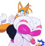  2018 anthro balls big_balls big_breasts big_penis blue_eyes blush breasts canine chili_dog clothing dickgirl eyelashes fingers fox hedgehog huge_balls huge_breasts intersex mammal miles_prower penis precum rouge_the_bat simple_background sonic_(series) sonic_the_hedgehog sssonic2 surprise tight_clothing video_games 