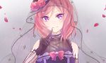 black_gloves blush bow close-up commentary elbow_gloves fishnets flower frills gloves grey_background happy_birthday hat hat_flower index_finger_raised lace_trim love_live! love_live!_school_idol_festival love_live!_school_idol_project nishikino_maki petals purple_eyes red_bow red_hair rose see-through short_hair sleeveless smile solo veil watoson 