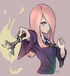  artist_name commentary english_commentary hair_over_one_eye highres little_witch_academia long_hair long_sleeves looking_at_viewer luna_nova_school_uniform magic pink_hair pointing red_eyes ryojojo signature simple_background sucy_manbavaran upper_body wand watermark witch 