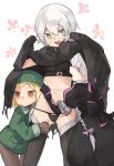  :/ :d ass_visible_through_thighs bangs belt black_bow black_cape black_dress black_gloves black_legwear black_panties blonde_hair bow brown_legwear cape closed_eyes commentary_request dress elbow_gloves fate/grand_order fate_(series) gloves green_eyes green_hat green_jacket hands_up hat highres hug jack_the_ripper_(fate/apocrypha) jacket long_sleeves muchi_maro multiple_girls navel nursery_rhyme_(fate/extra) open_mouth orange_eyes panties pantyhose parted_bangs paul_bunyan_(fate/grand_order) puffy_short_sleeves puffy_sleeves short_hair short_sleeves smile standing thigh_gap thighhighs underwear white_background white_hair 