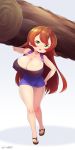  1girl artist_name blush born-to-die breasts brown_hair cleavage collarbone commission dress erect_nipples female full_body green_eyes highres holding_object huge_breasts long_hair looking_at_viewer nipples no_bra open_mouth original panties shirt shoes smile thighs underwear 