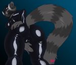  2018 anthro black_hair breasts butt camel_toe clothing crobat_(artist) fangs female hair hajinn hand_on_hip horn low-angle_view mammal monster nipple_outline presenting presenting_hindquarters pussy ringtail rubber rubber_suit tahajin thick_thighs worm&#039;s-eye_view 