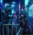  2018 5_fingers anthro blue_eyes blue_hair blue_nose breasts canine clothed clothing detailed_background digital_media_(artwork) dog duo ear_piercing elvofirida female freya_(zionsangel) hair mammal midriff navel piercing standing wolf 