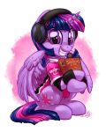  2018 adorkable big_eyes book clothed clothing cute cutie_mark english_text equine eyelashes feathered_wings feathers female feral friendship_is_magic gamer grin hair headphones headset hi_res holding_object hooves horn league_of_legends looking_at_viewer mammal multicolored_hair my_little_pony portrait purple_eyes purple_feathers riot_games shirt signature simple_background smile solo teeth text twilight_sparkle_(mlp) video_games white_background whitediamonds winged_unicorn wings 