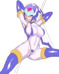 android aqua_eyes blue_eyes blue_hair blue_legwear bodysuit breasts commentary_request gloves helmet large_breasts leviathan_(rockman) looking_at_viewer polearm pubic_tattoo rockman rockman_zero simple_background smile solo tattoo thighhighs thong turtleneck ukimukai weapon white_background white_bodysuit 