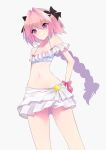  ass_visible_through_thighs astolfo_(fate) bangs bikini black_bow blue_bikini blush bow braid collarbone contrapposto cowboy_shot eyebrows_visible_through_hair fang fate/grand_order fate_(series) frilled_bikini frills grey_background hair_between_eyes hair_bow hair_intakes highres long_braid long_hair looking_at_viewer male_focus mugi_001 multicolored_hair navel otoko_no_ko pink_hair purple_eyes red_bow single_braid solo star stomach streaked_hair swimsuit very_long_hair wrist_bow 