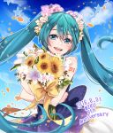  2016 :d blue_eyes blue_hair blue_sky blush bouquet character_name cloud dated day floating_hair flower hair_between_eyes hair_flower hair_ornament hatsune_miku holding holding_bouquet long_hair looking_at_viewer mamo_(fortune-mm) open_mouth outdoors pink_flower shiny shiny_skin skirt sky sleeveless smile solo sunflower twintails very_long_hair vocaloid white_flower yellow_flower 