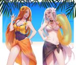  :d ;d artist_name bangs bikini bow breasts choker cleavage collarbone commentary covered_navel diana_(league_of_legends) flower hair_flower hair_ornament hand_on_hip highres innertube kezi league_of_legends leona_(league_of_legends) long_hair looking_at_another medium_breasts multiple_girls one_eye_closed open_mouth orange_eyes orange_hair pale_skin parted_bangs pool_party_leona purple_eyes sarong smile sunflower swimsuit white_bikini white_hair 