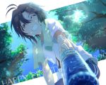  antenna_hair black_hair bottle condensation foreshortening grin hair_between_eyes happy_birthday idolmaster idolmaster_(classic) kikuchi_makoto looking_at_viewer mizu_(47ssn) one_eye_closed pants purple_eyes shirt short_hair smile solo sweat towel towel_around_neck track_pants water_bottle white_shirt 