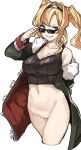  absurdres adjusting_eyewear blonde_hair blue_eyes bottomless breasts coat contrapposto crop_top cropped_legs fur_trim granblue_fantasy grin hairband highres large_breasts long_hair muchi_maro navel off_shoulder open_clothes open_coat pussy smile solo sunglasses twintails zeta_(granblue_fantasy) 