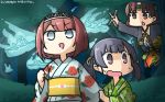  :d aircraft airplane alternate_costume ark_royal_(kantai_collection) black_jacket blue_eyes brown_eyes brown_hair chiyoda_(kantai_collection) commentary_request dated eyebrows_visible_through_hair floral_print grey_hair hairband hamu_koutarou highres jacket japanese_clothes kantai_collection kimono long_sleeves multiple_girls obi ooshio_(kantai_collection) open_mouth purple_eyes red_hair rose_print sash short_hair smile tiara tree twintails v-shaped_eyebrows wide_sleeves yukata 