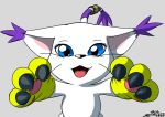  2018 anthro blue_eyes claws clothed clothing cute digimon digimon_(species) digital_media_(artwork) fangs feline female fur gatomon gloves grey_background holy_ring looking_at_viewer mammal milesnukem open_mouth ring simple_background smile solo tongue whiskers white_fur yellow_gloves 