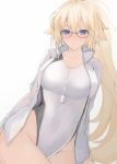  arms_at_sides bangs black-framed_eyewear blonde_hair blue_eyes breasts closed_mouth collarbone competition_swimsuit cowboy_shot dutch_angle eyebrows_visible_through_hair fate/grand_order fate_(series) glasses groin hair_between_eyes high_collar high_ponytail highleg highleg_swimsuit highres jacket jeanne_d'arc_(fate)_(all) jeanne_d'arc_(swimsuit_archer) jewelry large_breasts legs_together light_smile long_hair long_ponytail long_sleeves looking_at_viewer mobu necklace one-piece_swimsuit open_clothes open_jacket parted_bangs ponytail rectangular_eyewear simple_background sitting smile solo straight_hair swimsuit swimsuit_under_clothes track_jacket unzipped very_long_hair whistle whistle_around_neck white_background white_jacket white_swimsuit zipper 