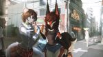  2018 5_fingers anthro brown_eyes brown_hair canine clothed clothing day detailed_background digital_media_(artwork) female fox fruitbloodmilkshake green_eyes group hair looking_at_viewer mammal mouse open_mouth outside rodent sky wide_hips 