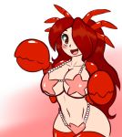  animal_humanoid arthropod bikini blush breasts cilia_whitewater claws clothed clothing crab crustacean crustacean_humanoid female hair humanoid latiar marine navel open_mouth red_eyes red_hair simple_background smile solo standing starfish starfish_(accessory) starfish_bikini swimsuit thigh_up 