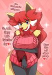  &lt;3 2017 3_fingers absurd_res anna_firecraft anthro anthrofied arm_under_breasts bedroom_eyes big_breasts biped blue_eyes blush bottomless breasts canine cheek_tuft clothed clothing clothing_pull covering covering_crotch covering_self cute delphox dialogue digital_drawing_(artwork) digital_media_(artwork) english_text eyelashes fan_character female fluffy fluffy_tail front_view fur hair half-closed_eyes half-length_portrait hi_res holiday_message holidays inner_ear_fluff long_hair looking_at_viewer mammal metaljaw75 multicolored_fur nintendo open_mouth open_smile pink_background pink_clothing pink_tongue pok&eacute;mon pok&eacute;mon_(species) pok&eacute;morph portrait red_fur red_hair red_nose seductive shy simple_background smile snout solo sparkle standing sweater talking_to_viewer text tongue tuft valentine&#039;s_day video_games virgin_killer_sweater white_fur yellow_fur yellow_tail 
