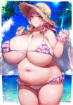  1girl belly bikini breasts c.cu chubby cleavage eyebrows hat jewelry long_hair navel necklace smile solo stomach swimsuit 