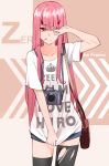  adjusting_hair bag black_legwear camera character_name collarbone commentary darling_in_the_franxx english_commentary eyebrows_visible_through_hair highres horns long_hair mouth_hold nonh_(wormoftank) pink_hair red_eyes red_horns shirt short_shorts shorts smile solo straight_hair t-shirt thighhighs torn_clothes torn_legwear white_shirt zero_two_(darling_in_the_franxx) 