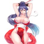  armpits arms_behind_head arms_up bangs breasts breasts_apart closed_fan collarbone cosplay cowboy_shot fan fatal_fury folding_fan hair_ornament hairclip large_breasts long_hair looking_at_viewer mouth_hold nijisanji pelvic_curtain ponytail purple_hair rope shiranui_mai shiranui_mai_(cosplay) shizuka_rin shu-mai sidelocks simple_background sleeveless smile solo the_king_of_fighters very_long_hair white_background yellow_eyes 