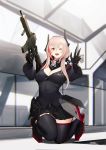  :d albino android assault_rifle bad_id bad_pixiv_id balaclava fangs girls_frontline gun hayabusa highres kneeling looking_at_viewer m4_carbine m4_sopmod_ii m4_sopmod_ii_(girls_frontline) miniskirt one_eye_closed open_mouth pale_skin pink_hair pleated_skirt red_eyes rifle skirt smile solo sopmod thighhighs weapon zettai_ryouiki 