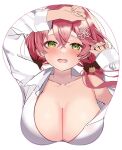  1girl alternate_costume blush breast_mousepad breasts cleavage collarbone green_eyes hair_between_eyes hair_ornament hairclip highres hololive large_breasts looking_at_viewer loose_clothes motsunuki mousepad_(medium) open_mouth pink_hair sakura_miko solo virtual_youtuber 