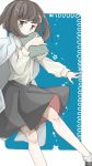  book brown_eyes brown_hair commentary_request covering_face labcoat nemuindaze shirt shoes short_hair simple_background skirt socks star touhou usami_renko 
