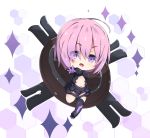  armored_leotard asymmetrical_legwear bangs black_legwear black_leotard blush breasts chibi commentary eyebrows_visible_through_hair eyes_visible_through_hair fate/grand_order fate_(series) gloves hair_over_one_eye large_breasts leotard looking_at_viewer mash_kyrielight milkpanda navel open_mouth outstretched_arm pink_hair purple_gloves shield short_hair single_thighhigh solo sparkle thighhighs 