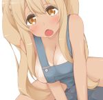  bikini_tan blonde_hair blush breasts fang hinata_masaki large_breasts long_hair looking_at_viewer naked_overalls open_mouth overalls sitting solo spread_legs sunohara_nana sunoharasou_no_kanrinin-san tan tanline v_arms yellow_eyes 