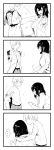  /\/\/\ 1boy 1girl 4koma :d absurdres backpack bag breasts collared_shirt comic commentary_request emphasis_lines exhibitionism flying_sweatdrops greyscale highres jacket_on_shoulders large_breasts long_sleeves monochrome muchi_maro open_clothes open_mouth open_shirt original randoseru shirt silent_comic simple_background smile spoken_ellipsis sweatdrop undressing white_background 