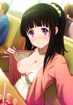  2girls areolae bangs black_hair blunt_bangs blush breasts chitanda_eru dress_pull drink exhibitionism flashing hair_ornament hair_scrunchie hyouka jacket large_breasts long_hair looking_at_viewer multiple_girls nipples no_bra nose_blush one_breast_out open_clothes open_jacket oppai_challenge poruserin purple_eyes scrunchie sitting solo_focus sweatdrop 