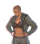  1boy abs bara blush bra clothes dark_skin detroit:_become_human embarrassed jacket lingerie male male_focus markus_(detroit) pants solo underwear 