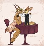  antelope anthro barefoot blonde_hair brown_eyes canine cigar disney duo eye_contact female fennec finnick flapper fox gazelle gazelle_(zootopia) hair half-closed_eyes holding_object horn inner_ear_fluff interspecies jewelry male mammal necklace simple_background sitting size_difference smile standing yelnatsdraws zootopia 