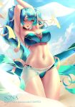  ;d armpits arms_up beach bikini blue_bikini blue_eyes blue_hair blue_sky breasts character_name cian_yo cleavage cloud day groin kneeling large_breasts league_of_legends long_hair looking_at_viewer navel one_eye_closed open_mouth outdoors sarong sideboob sky smile solo sona_buvelle stomach swimsuit towel twintails very_long_hair watermark web_address 