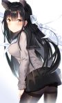  animal_ear_fluff animal_ears ass atago_(azur_lane) azur_lane bangs black_hair black_legwear blush braid breasts brown_eyes cardigan character_name closed_mouth commentary cowboy_shot extra_ears eyebrows_visible_through_hair french_braid from_behind hair_ribbon hand_on_own_thigh highres large_breasts leaning_forward long_hair looking_at_viewer miamuly mole mole_under_eye neckerchief pantyhose pleated_skirt ribbon sailor_collar school_uniform skirt smile solo swept_bangs thighband_pantyhose twisted_torso uniform white_neckwear white_ribbon 
