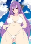  ass_visible_through_thighs bare_shoulders bikini blue_sky blush breasts cameltoe cleavage cloud covered_nipples day fate/grand_order fate_(series) groin hair_ribbon higetora_(higeusagi346) highres long_hair looking_at_viewer navel partially_visible_vulva purple_hair red_eyes ribbon scathach_(fate)_(all) scathach_skadi_(fate/grand_order) sky smile solo sweatdrop swimsuit very_long_hair wedgie white_bikini 
